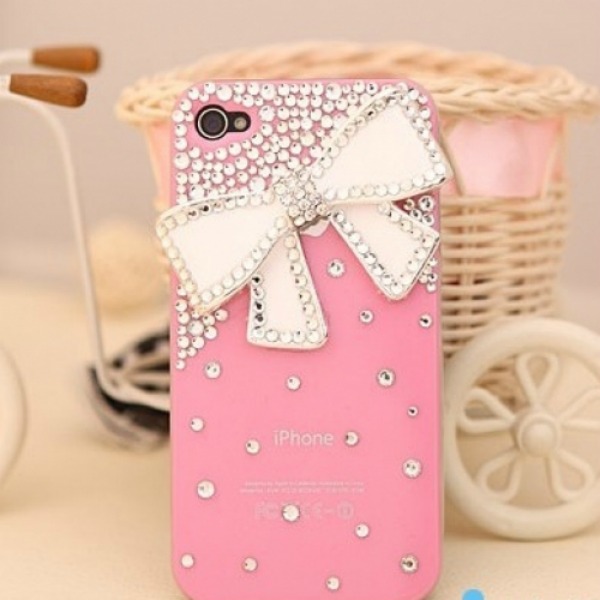 Bling Sparkle White Bow White Rhinestones Pink Iphone 4/4s Case